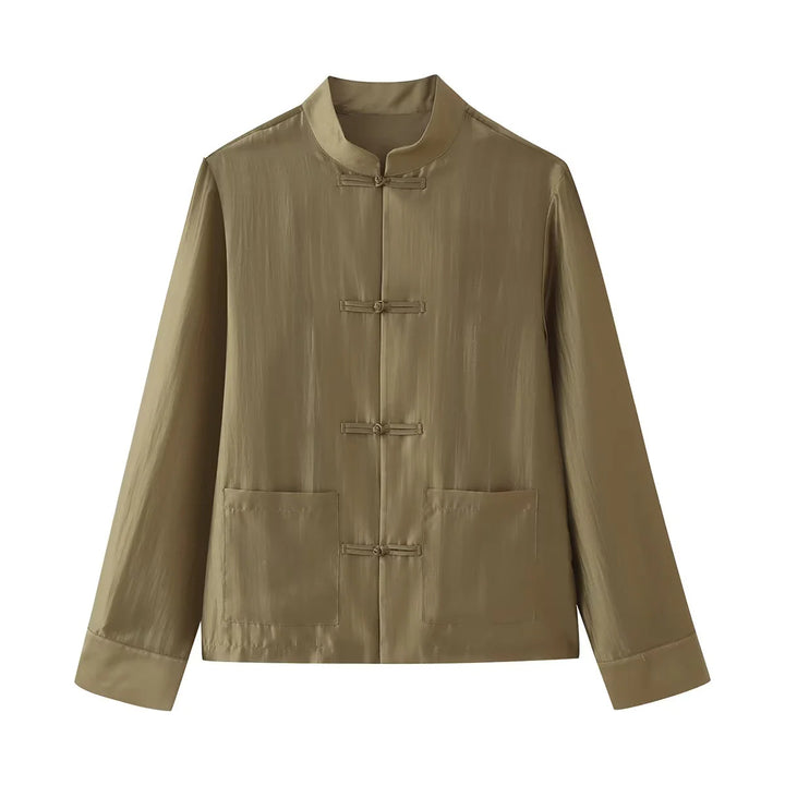 Men's lightweight mandarin jacket with stand-up collar, knot closures, and patch pockets Mune Fashion