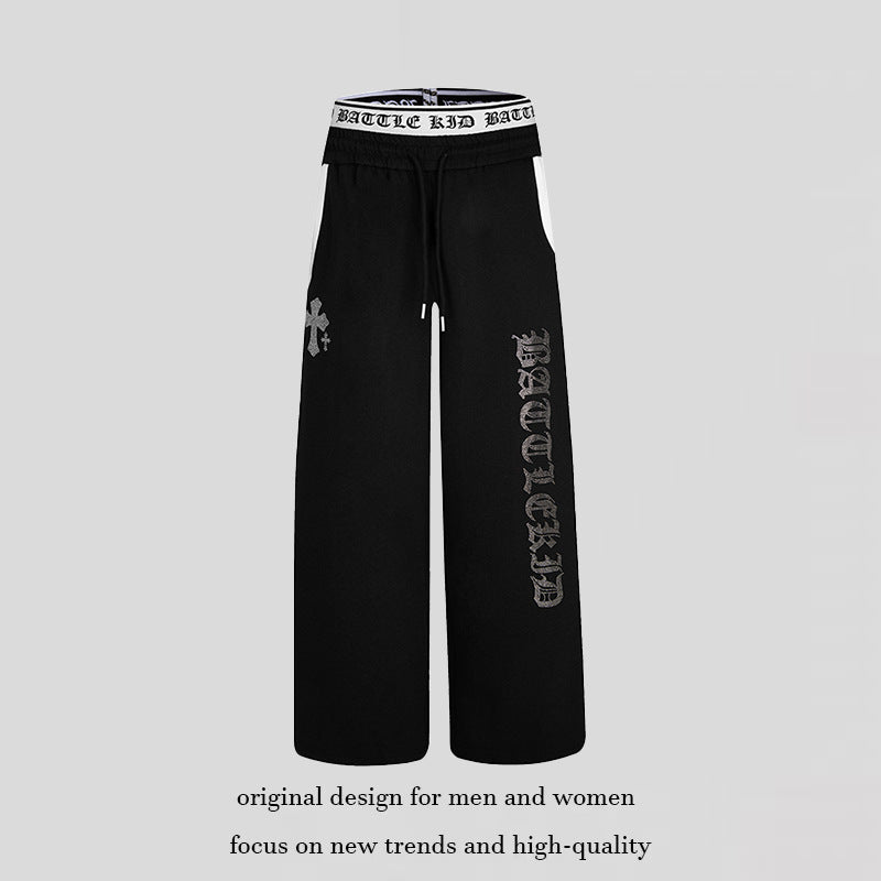 Women's wide lounge jogging pants with high logo waistband, gothic print and drawstring Mune Fashion
