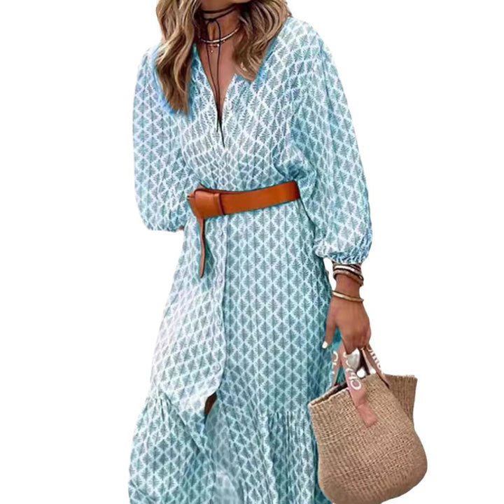 Women's lightweight patterned midi dress with V-neck, button placket, tiered skirt, and balloon sleeves Mune Fashion