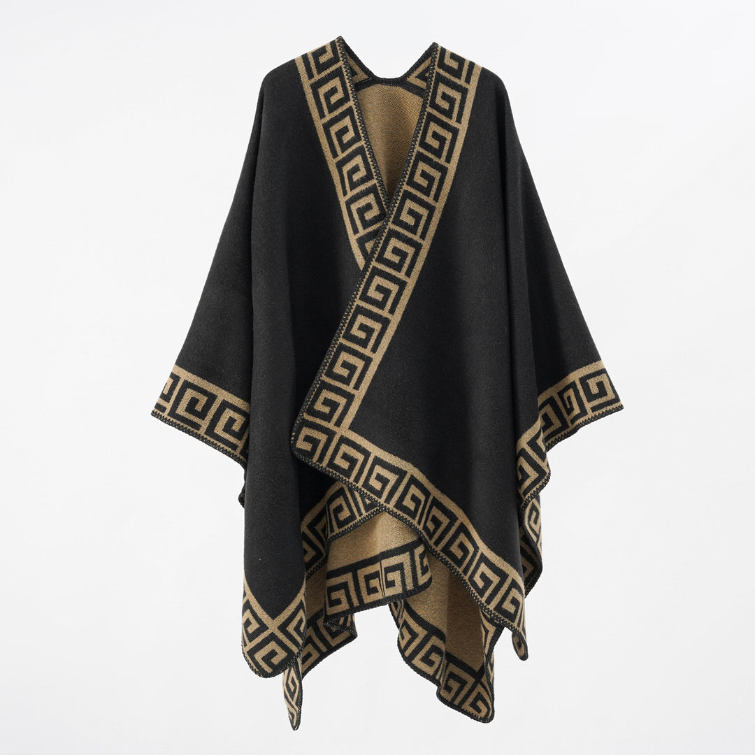 Women's Cape Poncho with Meander Border and Wool Mix Quality Mune Fashion