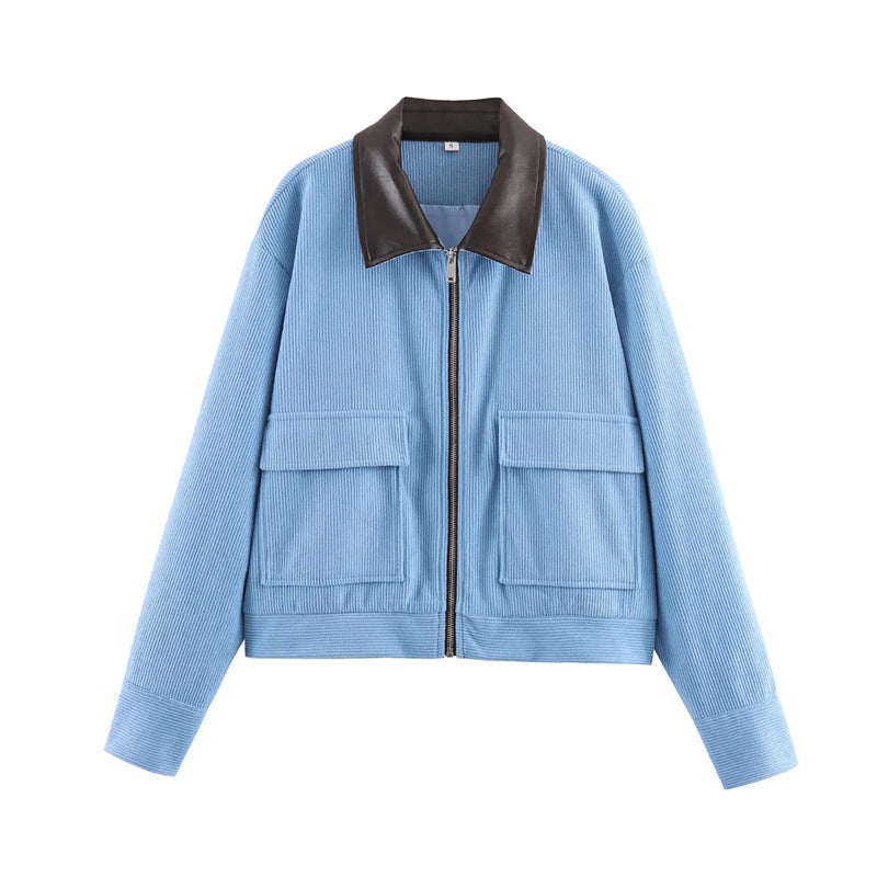 Women's cord jacket with leather collar, full-length zipper and flap pockets Mune Fashion
