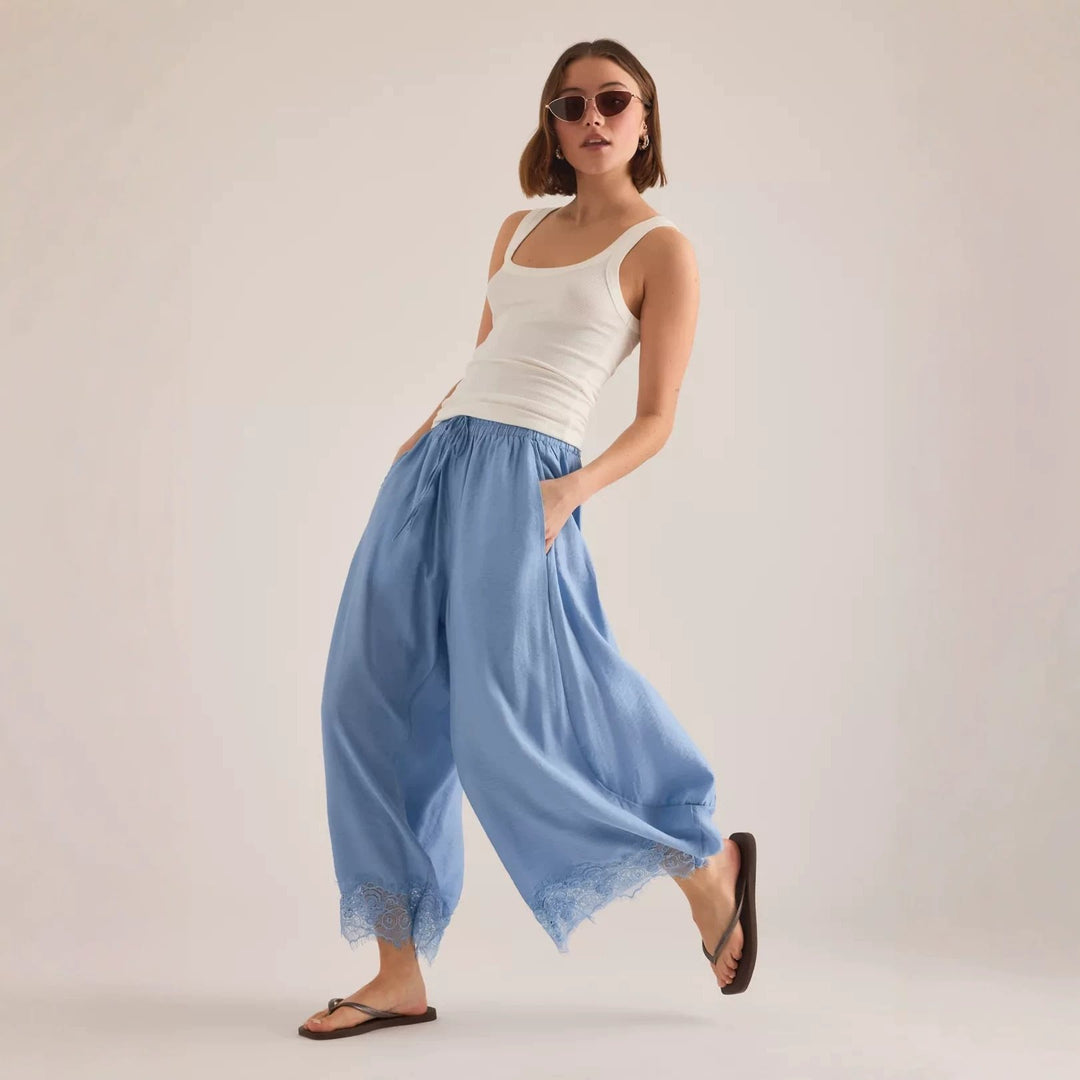 Women Wide Palazzo Pants with Elastic Drawstring Waistband and Lace Trim Mune Fashion