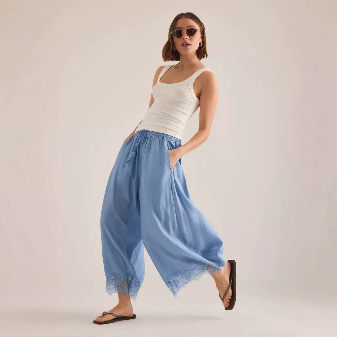 Women Wide Palazzo Pants with Elastic Drawstring Waistband and Lace Trim Mune Fashion