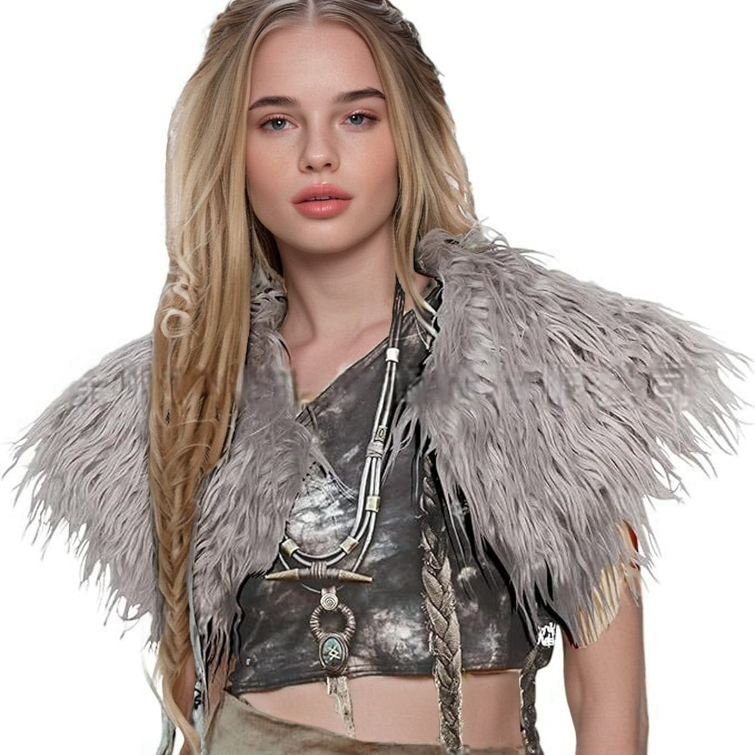 Ladies feather-trimmed shoulder stole in capelet style with soft faux fur collar Mune Fashion