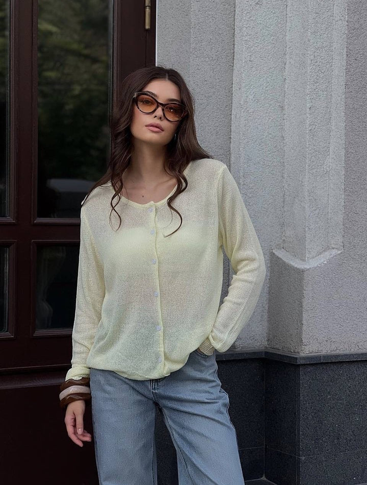 Women's lightweight semi-transparent fine knit cardigan with round neck and button placket Mune Fashion