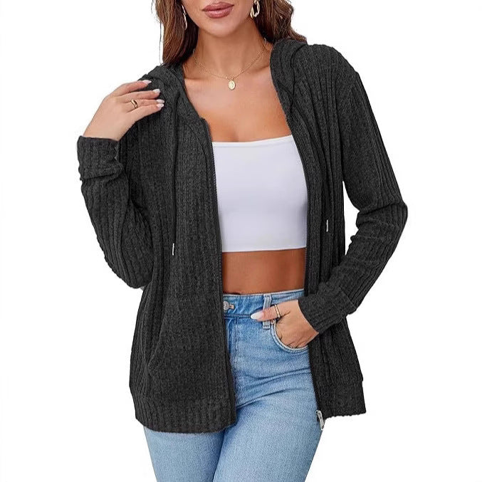 Women's knit hooded jacket with zipper, waffle texture and slip pockets Mune Fashion