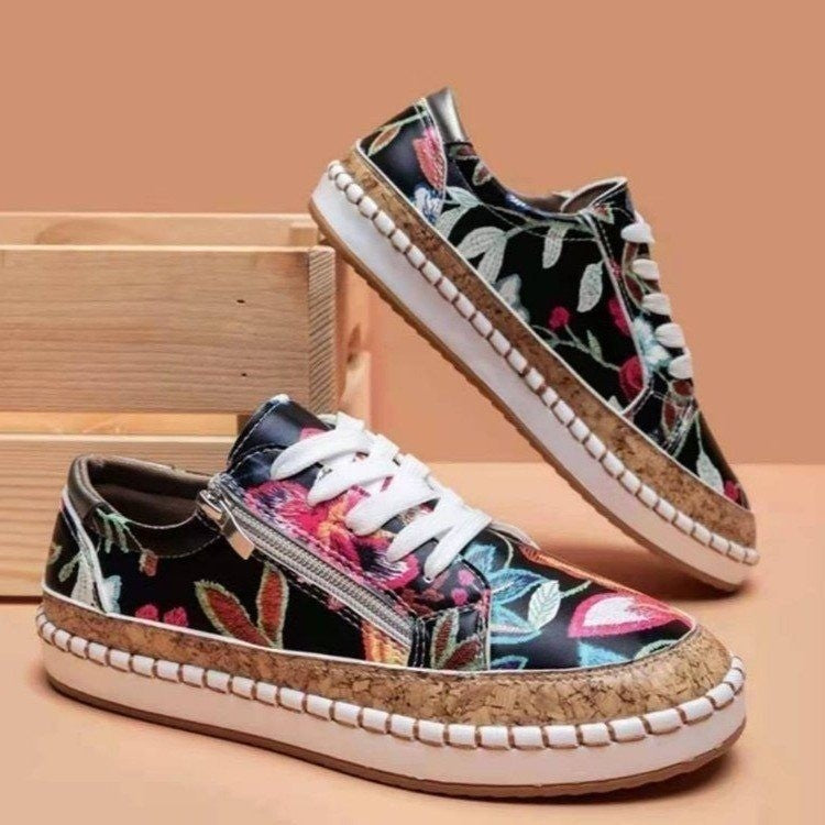 Women's floral platform sneaker with cork platform, side zipper and cushioned comfort insole Mune Fashion