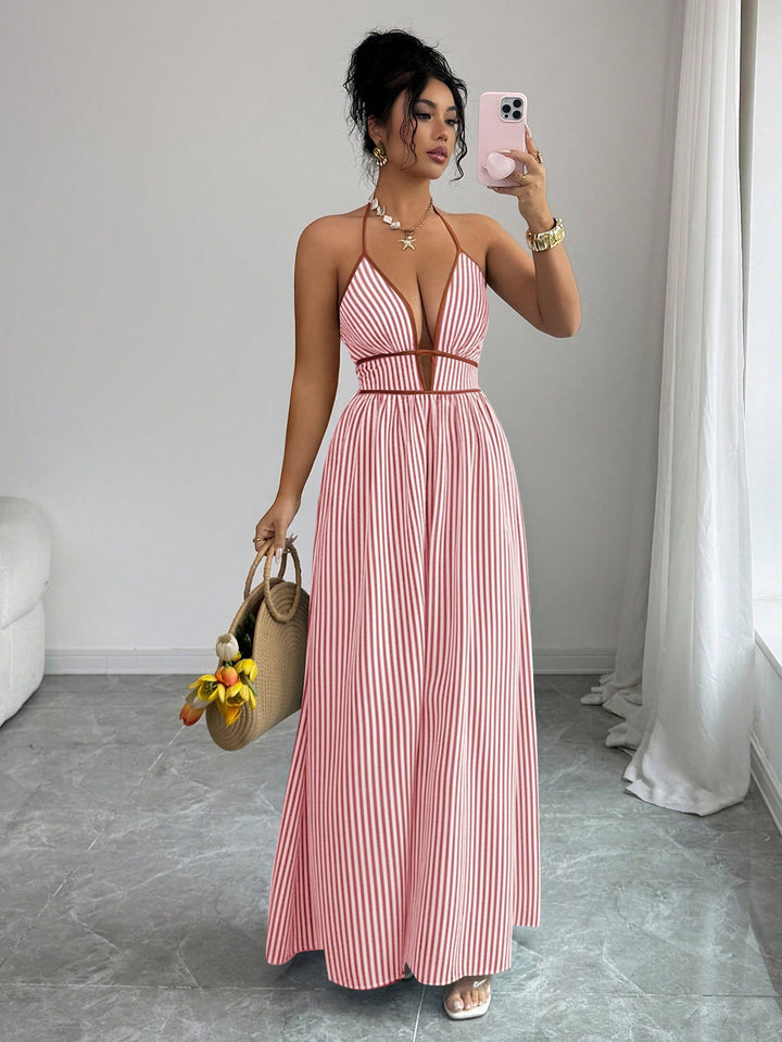 Women's Striped Halter Maxi Dress with Deep V-Neck and Waist Cut-Out Mune Fashion