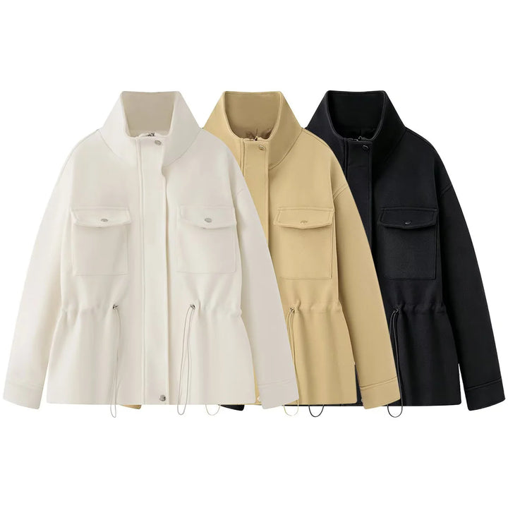 Women's fitted parka jacket with high stand-up collar, drawstring waist and applied flap pockets Mune Fashion