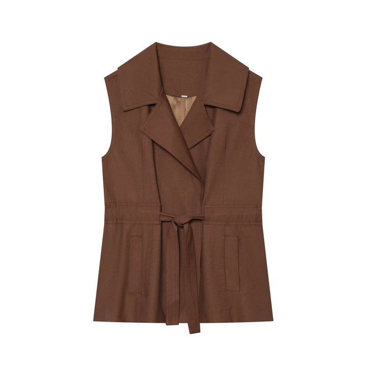 Women's Sleeveless Trench Vest with Waist Belt and Lapel Collar Mune Fashion
