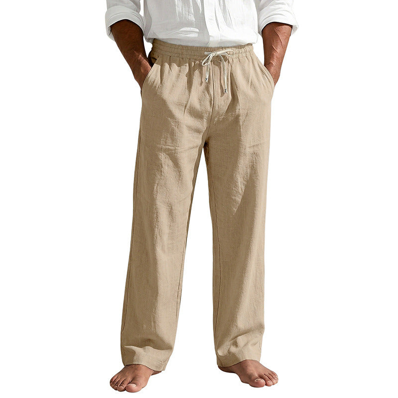 Men's Linen Look Relaxed Pants with Elastic Waistband, Drawstring, and Side Pockets