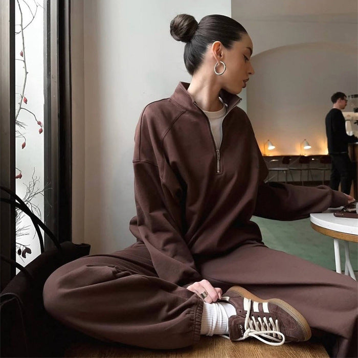Women Two-Piece Sweatset with Stand-Up Collar Half-Zip and Relaxed Oversized Cut Mune Fashion