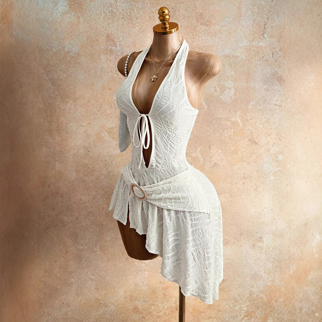 Women's figure-hugging halter mini dress with lacing, cut-out, and asymmetrical wrap skirt Mune Fashion