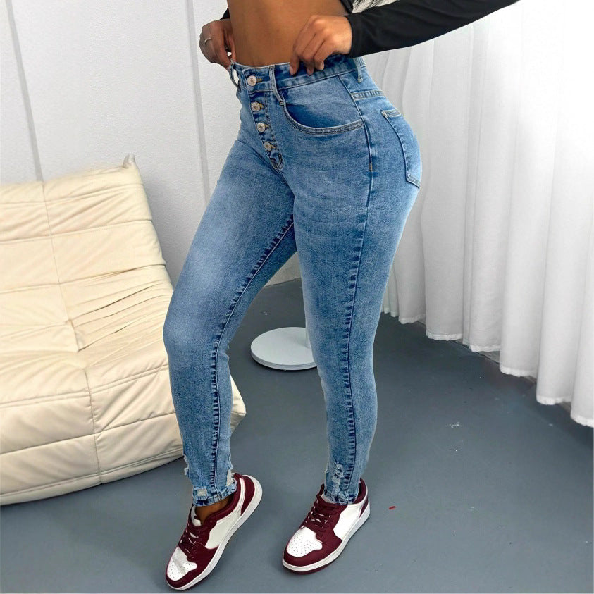 Women's high-waisted Sculpting Skinny Jeans with visible decorative button placket and ankle-length sculpting fit Mune Fashion