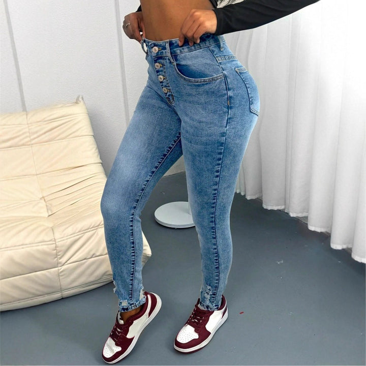 Women's high-waisted Sculpting Skinny Jeans with visible decorative button placket and ankle-length sculpting fit Mune Fashion