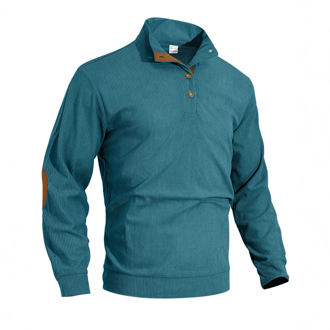 Men's fine ribbed knitted pullover with polo collar button placket and elbow patch Mune Fashion