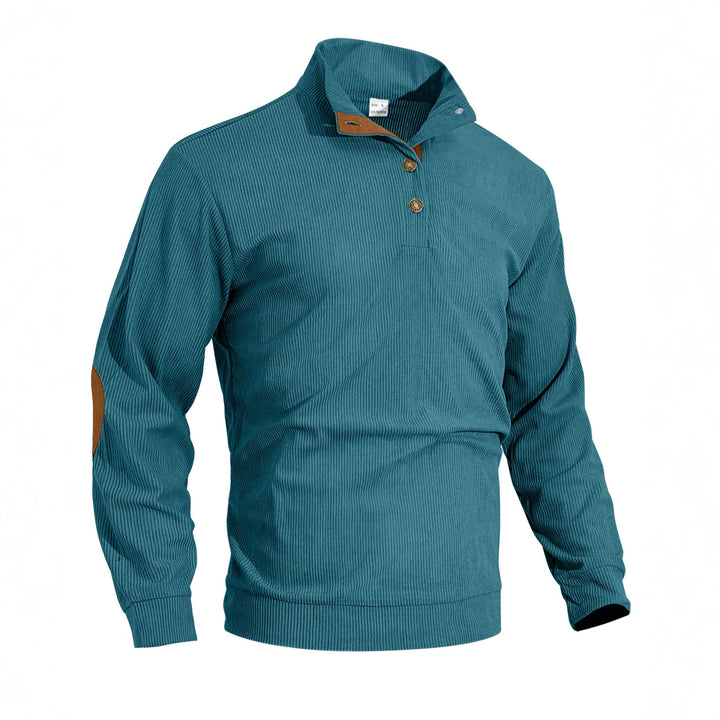 Men's fine ribbed knitted pullover with polo collar button placket and elbow patch Mune Fashion