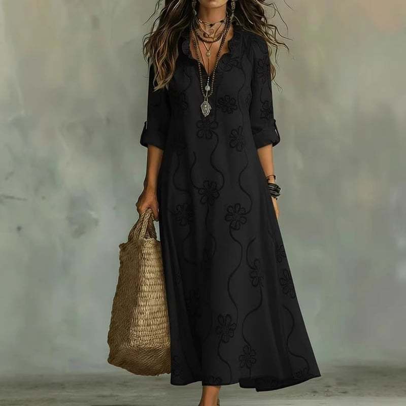 Women Long Boho Maxi Dress with Floral Embroidery and V-Neck Mune Fashion