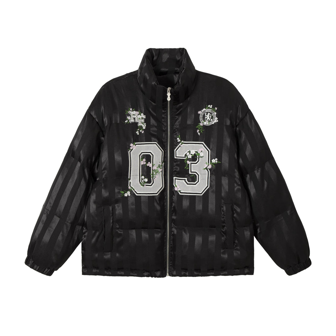 Women's Boxy Quilted Satin Puffer Jacket with Floral Embroidery Detail Mune Fashion