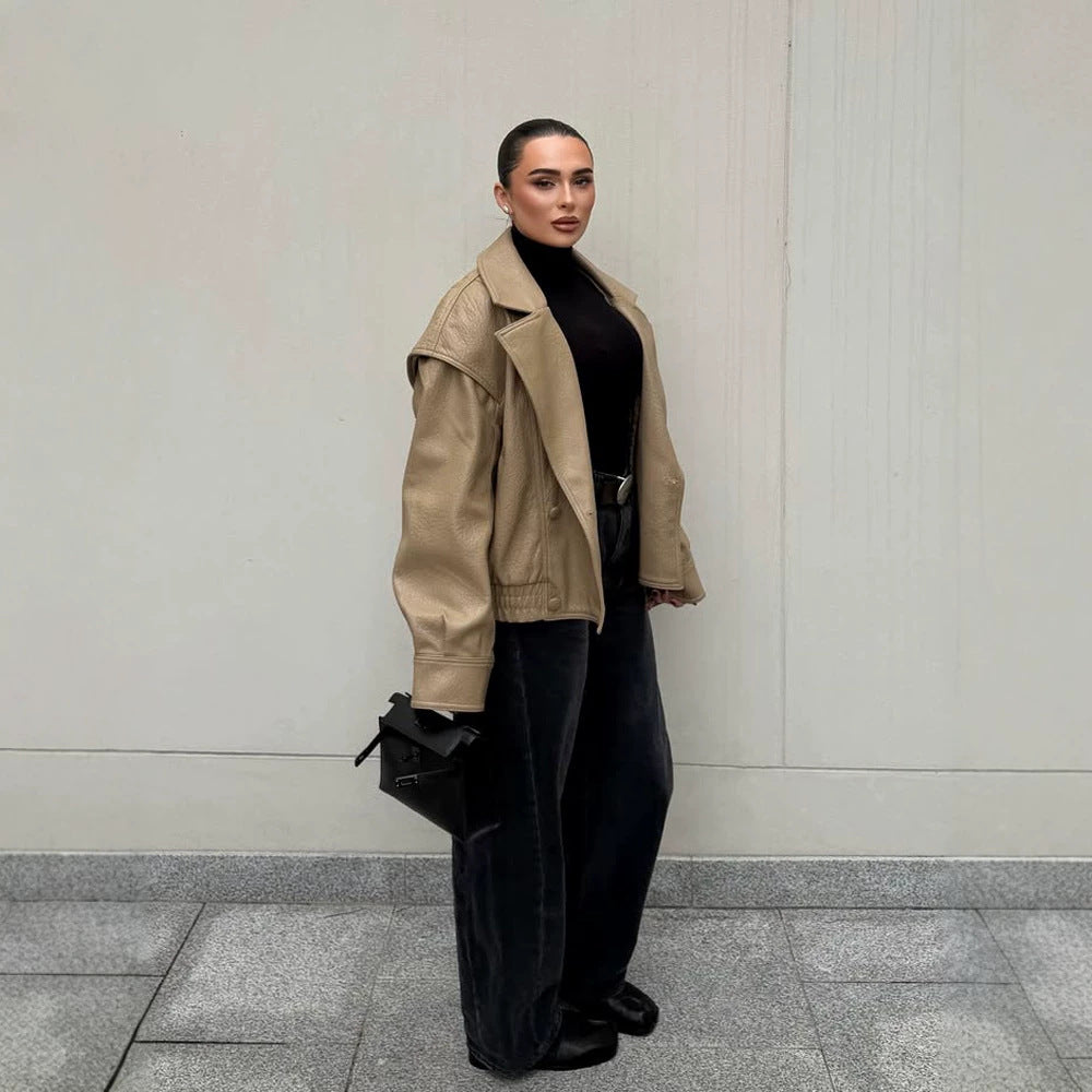 Women Oversize Faux Leather Bomber Jacket with Boxy Cut and Wide Lapel Mune Fashion