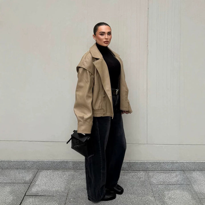 Women Oversize Faux Leather Bomber Jacket with Boxy Cut and Wide Lapel Mune Fashion