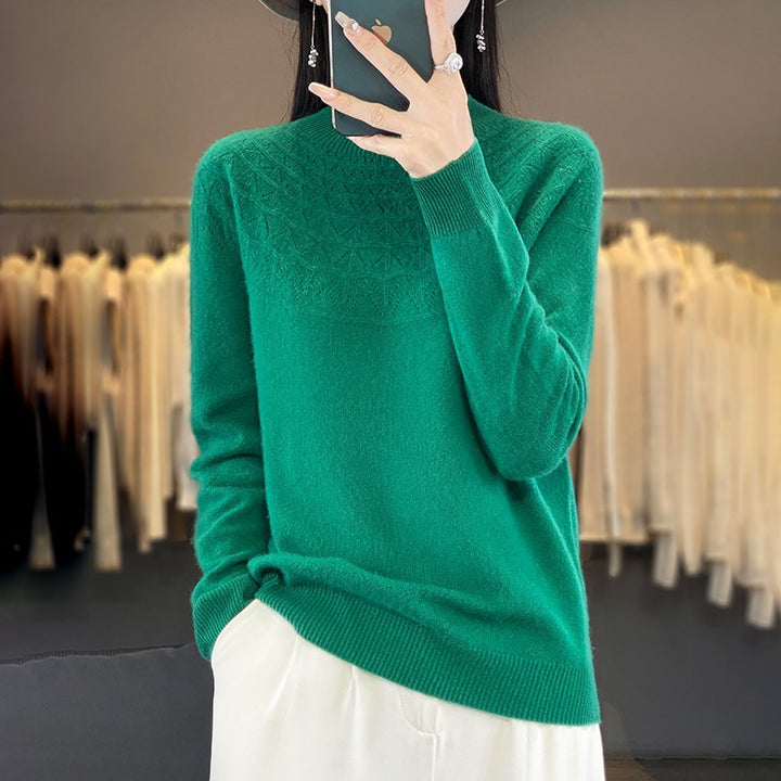 Women's Cozy Mohair Look Pullover with Decorative Structure on the Top and High Collar Mune Fashion