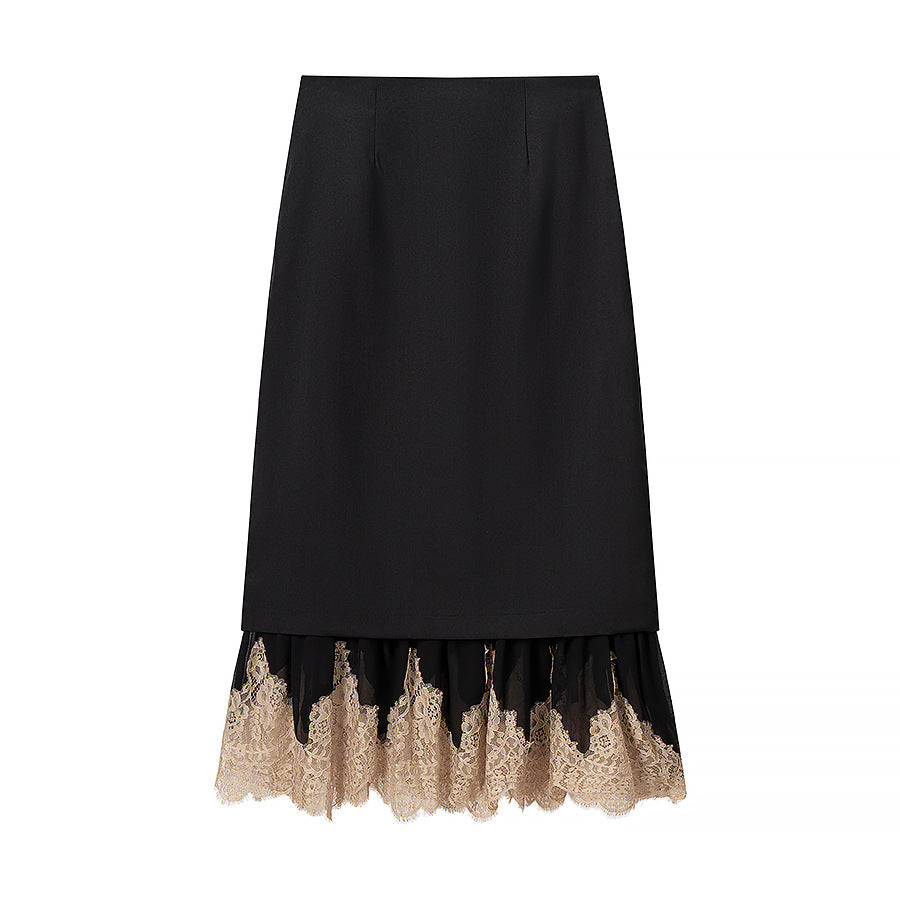 Ladies Elegant Pencil Midi Skirt with Contrasting Lace Underlay Mune Fashion