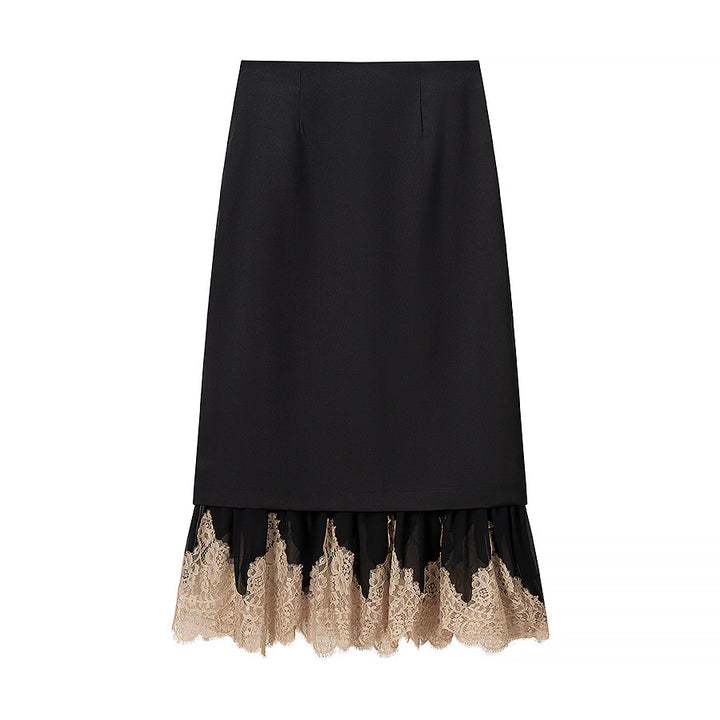 Ladies Elegant Pencil Midi Skirt with Contrasting Lace Underlay Mune Fashion