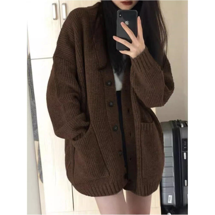 Women Oversized Knit Cardigan with Patch Pockets and Continuous Button Placket Mune Fashion