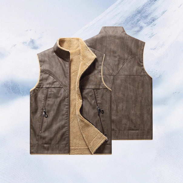 Men's Insulated Faux Leather Vest with Teddy Fleece, Stand-Up Collar and Secure Zipper Pockets Mune Fashion