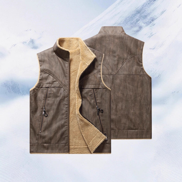 Men's Sleeveless Faux Leather Teddy Vest with Stand Collar and Zipper Pockets Mune Fashion