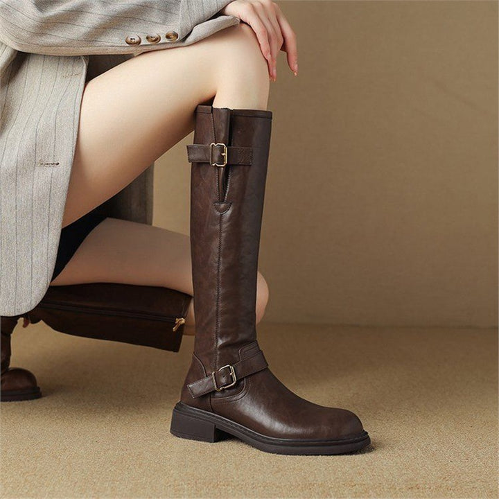 Women's Knee-High Faux Leather Boots with Adjustable Decorative Buckles Mune Fashion