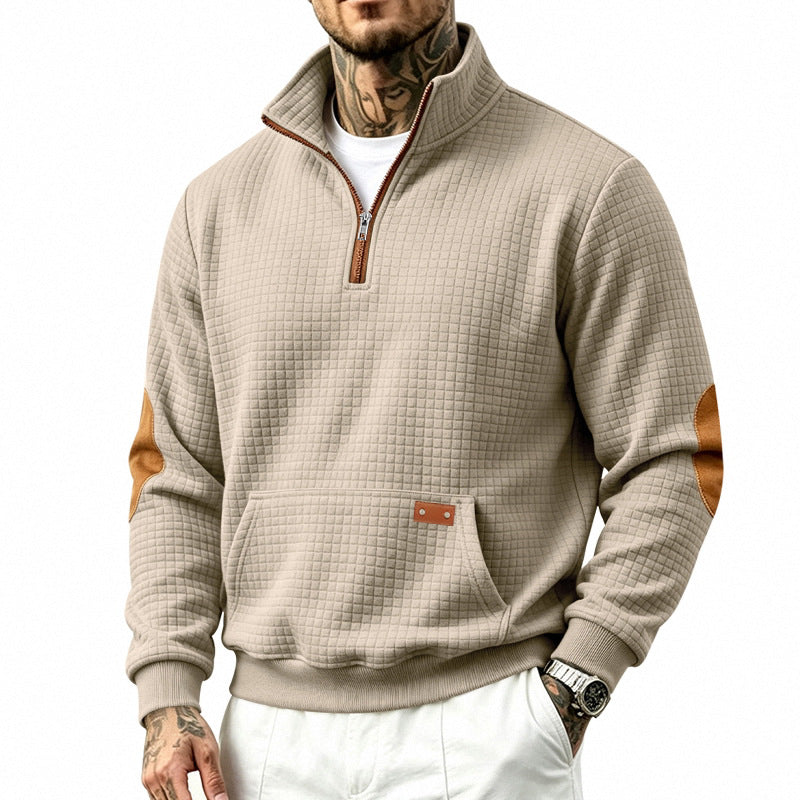 Men's Textured Half-Zip Sweatshirt with Waffle Structure, Kangaroo Pocket and Leather Elbow Patches Mune Fashion