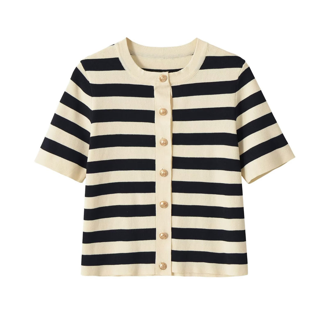 Women's Short-Sleeve Striped Cardigan with Decorative Metal Buttons Mune Fashion