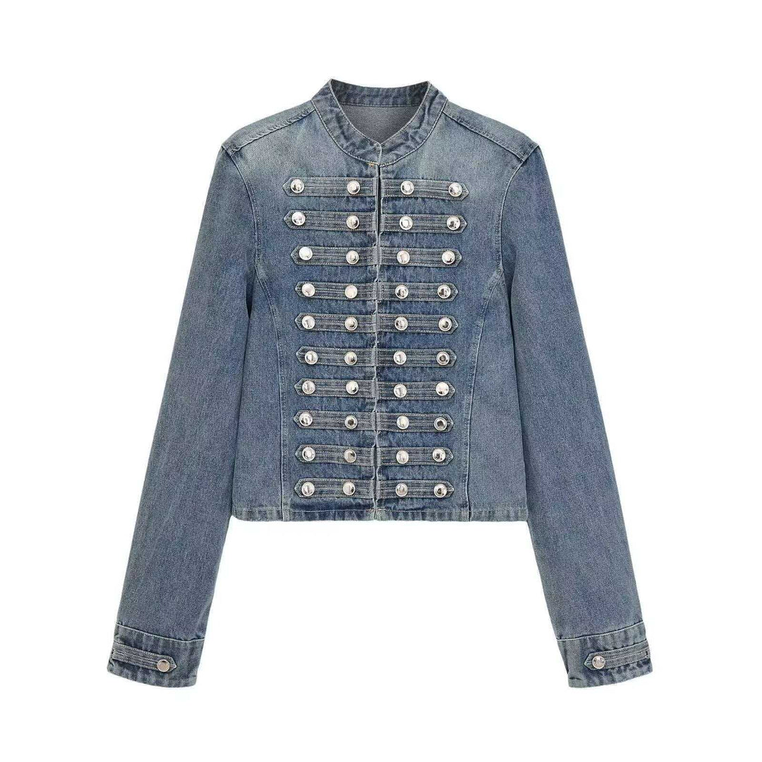Women’s denim jacket in military style with row buttons and stand-up collar Mune Fashion
