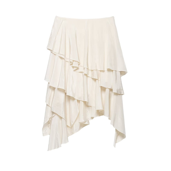 Women's Asymmetrical Tiered Skirt with Ruffles and Flowing Satin Fall Mune Fashion