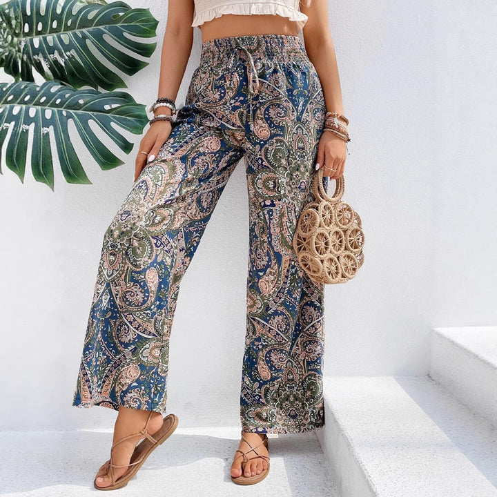 Ladies Palazzo Pants with Wide Leg, Elastic Smocked Waistband and Paisley Print Mune Fashion