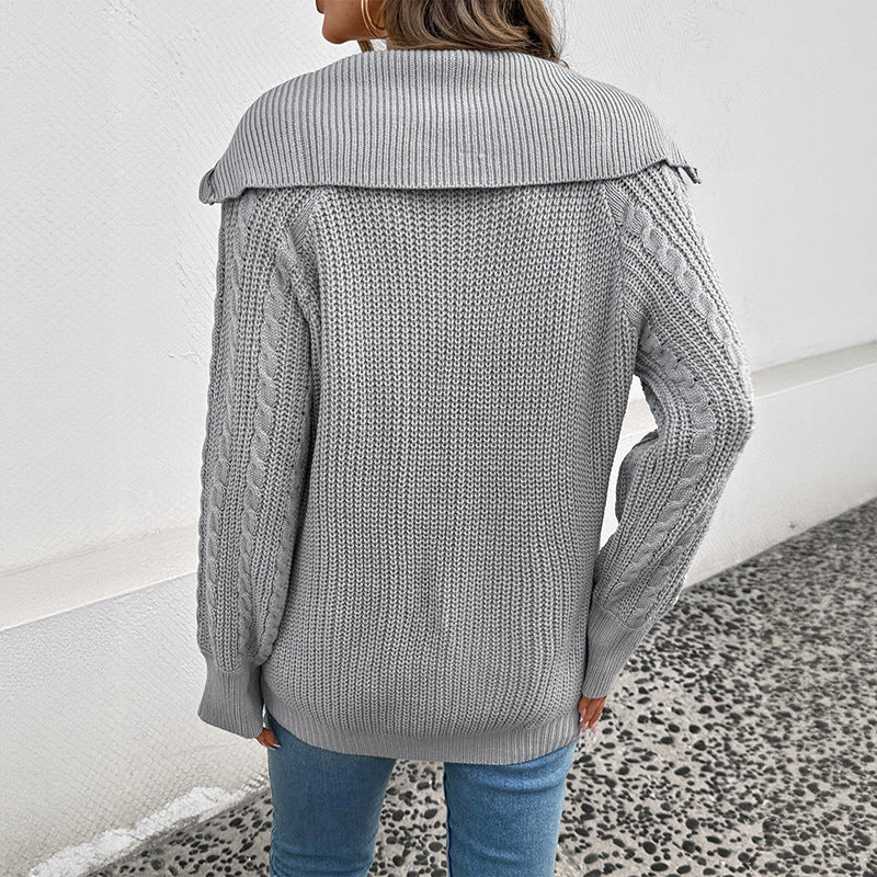 Women's knitted half-zip pullover with hood, cable structure & ribbed cuffs Mune Fashion