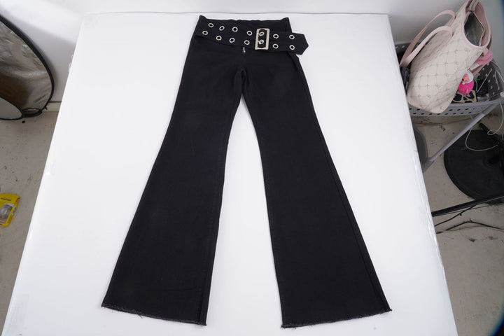 Women High-Waisted Flared Pants made of Stretch Denim with Grommet Belt Mune Fashion