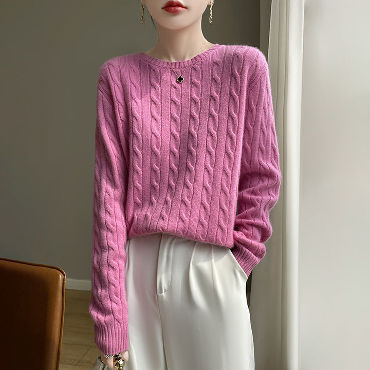 Women's cable knit round neck sweater made of soft wool blend with ribbed cuffs Mune Fashion