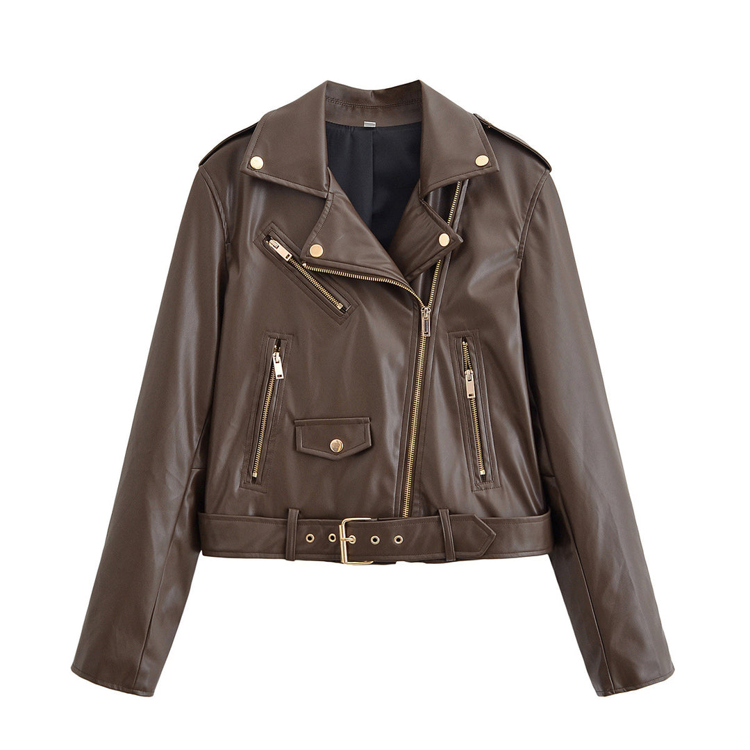 Women's biker jacket made of faux leather with asymmetrical zipper, waist belt, and gold-colored details Mune Fashion