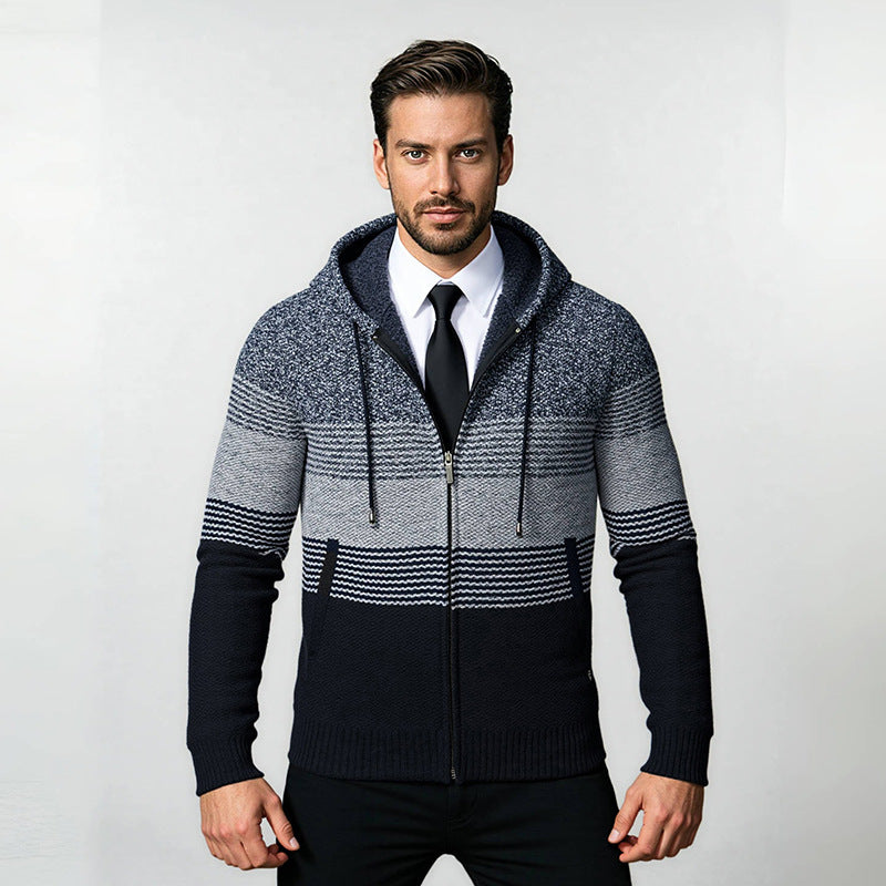 Men's hooded knit zip jacket with gradient block stripe pattern and thermal structure Mune Fashion