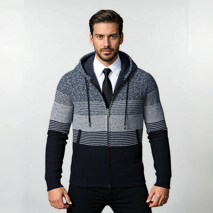 Men's hooded knit zip jacket with gradient block stripe pattern and thermal structure Mune Fashion