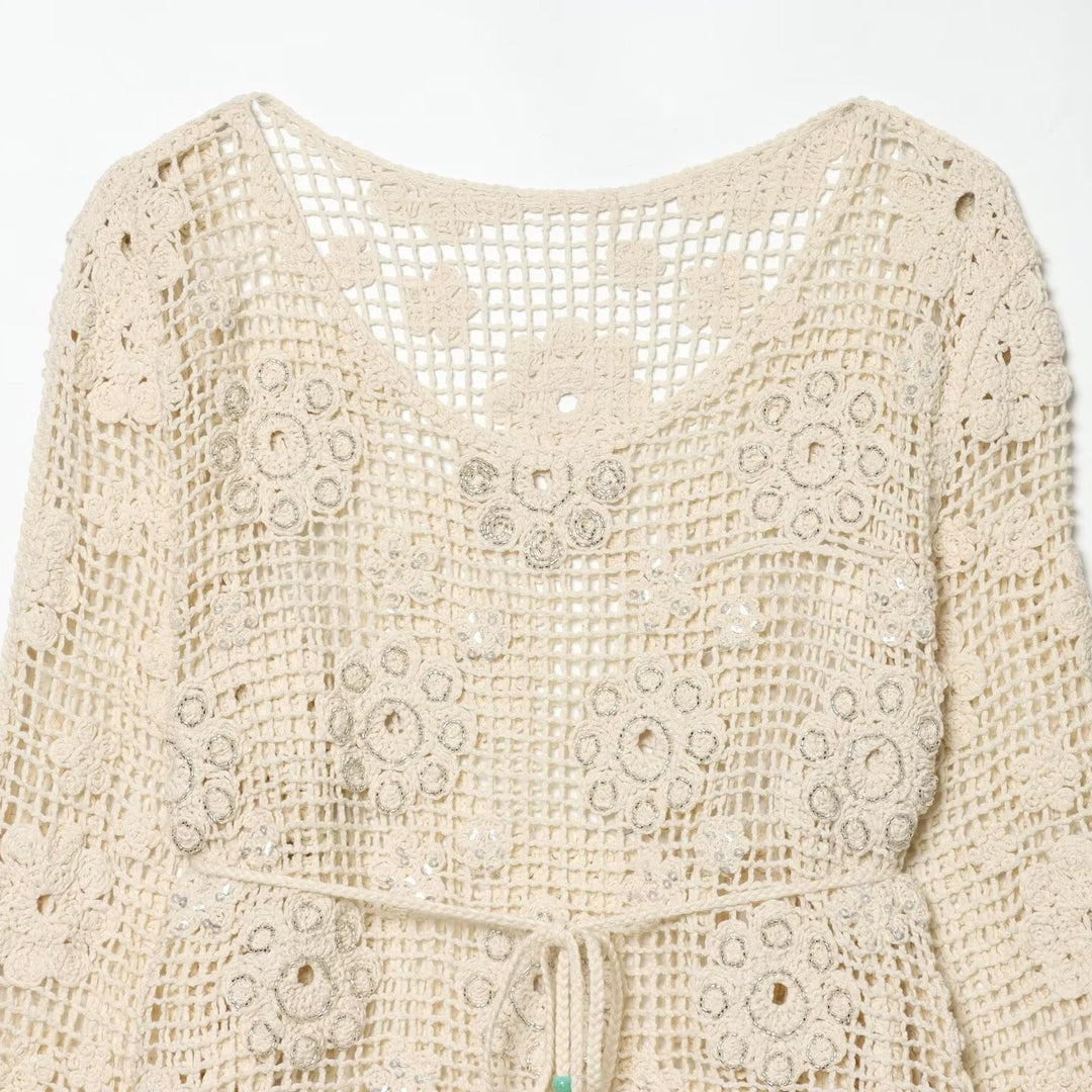 Women's crochet sweater with flower appliqués and drawstring Mune Fashion
