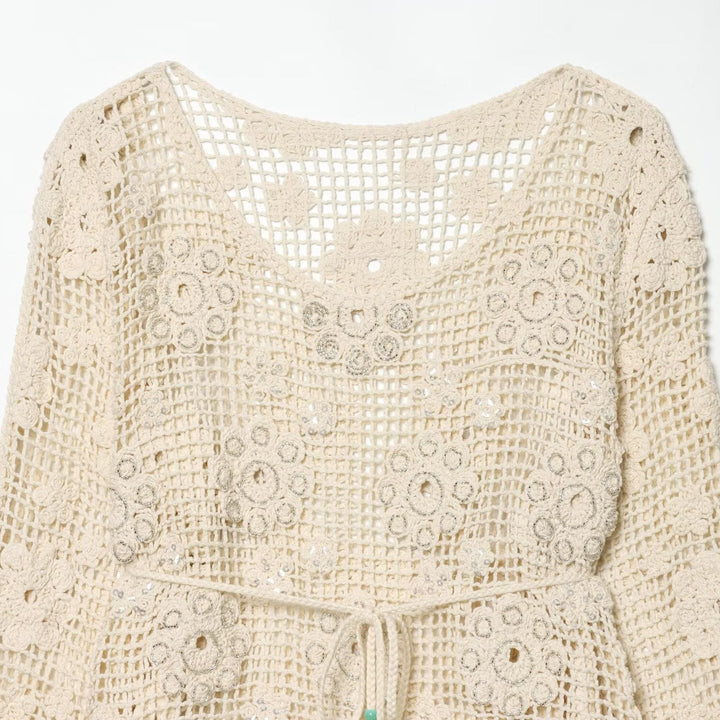 Women's crochet sweater with flower appliqués and drawstring Mune Fashion