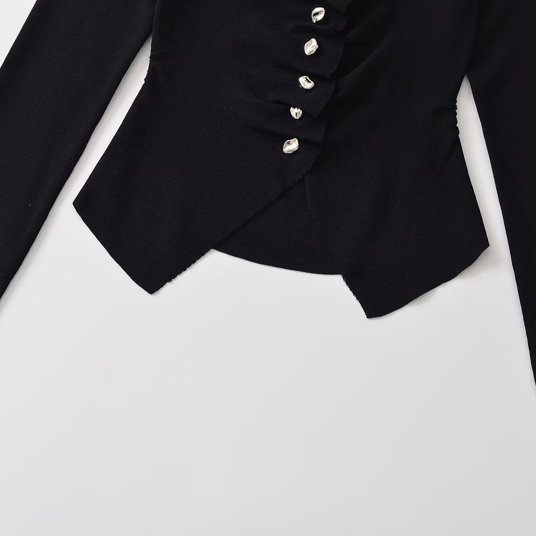 Women's Ruched Long Sleeve Top with Asymmetrical Peplum and Decorative Button Placket Mune Fashion