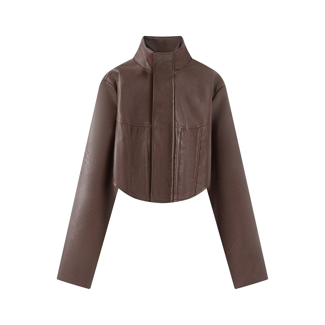 Women's Short Leather Look Jacket with Corset Seam and Stand-Up Collar Mune Fashion