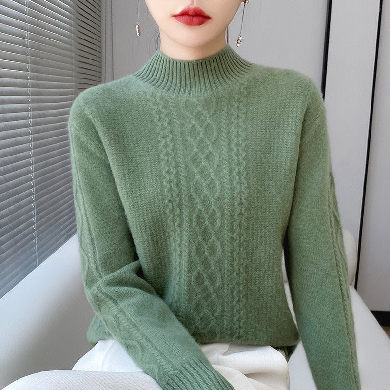 Women's Soft Cable Knit Mock Neck Sweater with Light Mohair Effect Mune Fashion