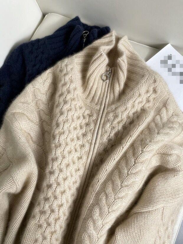 Women's Oversize Cable Knit Mock Neck Sweater in Cozy Mohair Look Mune Fashion