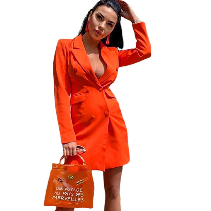 Women's Fitted Blazer Dress in Double-Breasted Style with Notched Collar and Flap Pockets
